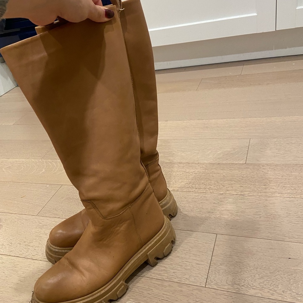 Aqua light tan knee high platform boot